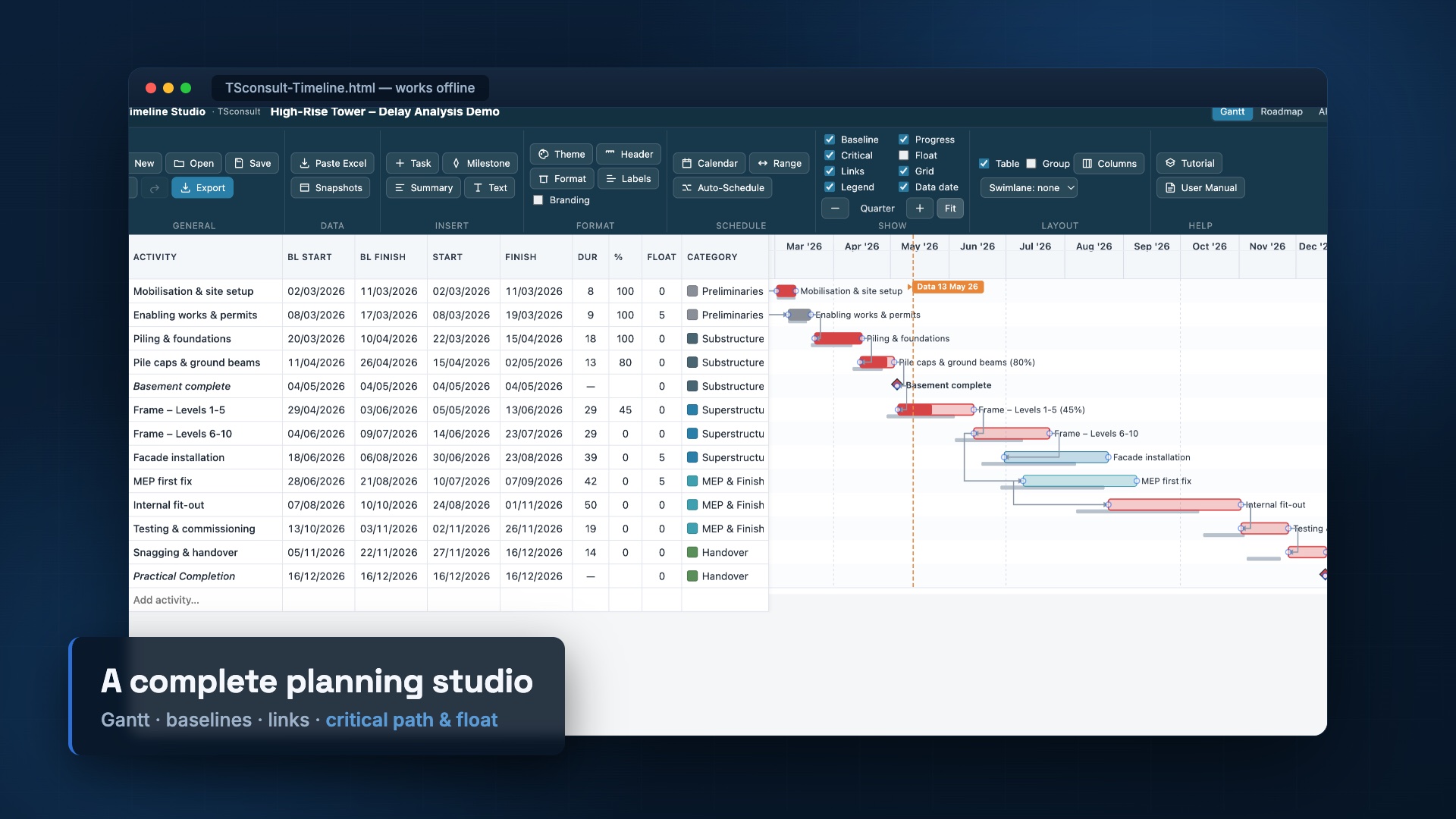 TSconsult Timeline Studio — Gantt chart with baselines and critical path